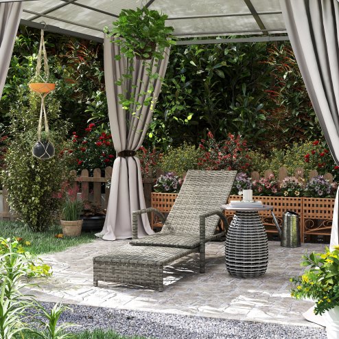 Outsunny PE Rattan Sun Lounger, Garden Lounger with 4-Level Adjustable Backrest, Outdoor Sunbed with Retractable Footrest for Balcony, Beach, Patio, Mixed-grey