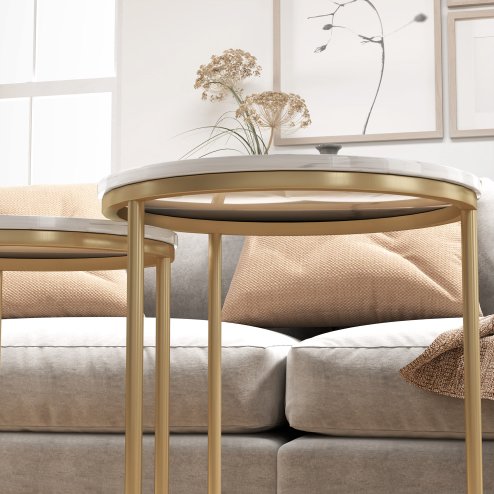 HOMCOM Nesting Coffee Table Set of 2, Modern Nest of Tables, Round Sofa Side Tables with Metal Frame for Living Room, Bedroom, Small Space, Gold Tone