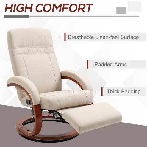 HOMCOM Swivel Recliner Chair with Footstool and Wood Base, Manual Reclining Chair for Living Room, Bedroom, Beige