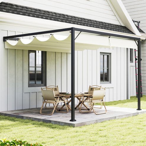 Outsunny 3 x 3(m) Outdoor Lean To Pergola Retractable Canopy Wall Mounted Gazebo Patio Shelter Sun Shade, Cream White