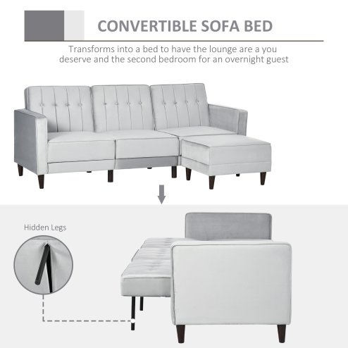 HOMCOM Corner Sofa Bed Reversible 3-Seater Sectional Sofa Set Velvet-Touch Sleeper Futon with Footstool, Light Grey