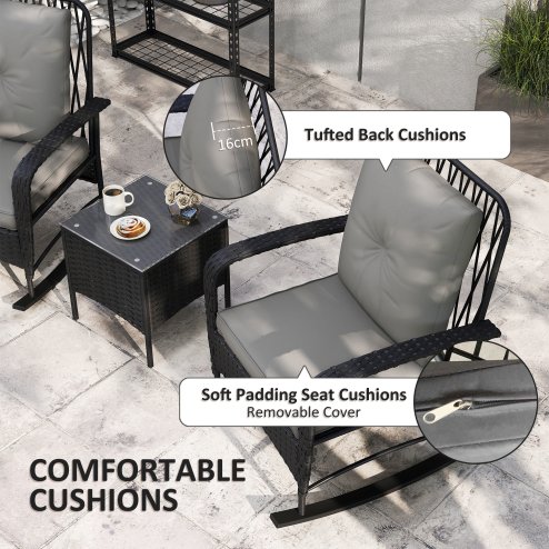 Outsunny 3 Pieces Rattan Bistro Set, Wicker Garden Furniture Set with Cushions, Glass Top Coffee Table and Rocking Chairs, Small Balcony Furniture for Outdoor, Porch, Black