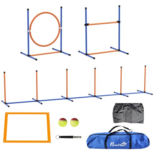 PawHut Dog Agility Equipment Set, 8 Piece Outdoor Agility Kit w/ Weave Poles, Adjustable High Jump Ring, Hurdle, Pause Box, Tennis Balls, Whistle, Training Shorts, Carrying Bag, for Dogs - Orange