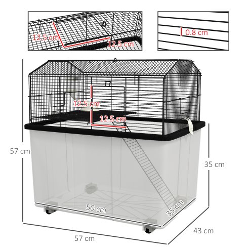 PawHut Hamster Cage, Gerbil Cage 2 Tier with Wheels, Deep Bottom, Ramp, Food Dish, Water Bottle, for Dwarf, Syrian, 57 x 43 x 57cm - Black