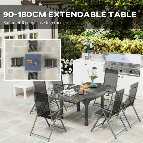 Outsunny 7 Piece Outdoor Dining Set, Garden Furniture Set with Extendable Table and 6 Folding Chairs, Outdoor Conversation Set with 5mm Tempered Glass Top & Aluminium Frame, for Patio, Balcony, Deck