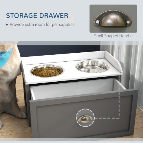 PawHut Stainless Steel Raised Dog Bowls, Double Dog Food and Water Bowl w/ 21L Storage Drawer, for Large Dogs - Grey