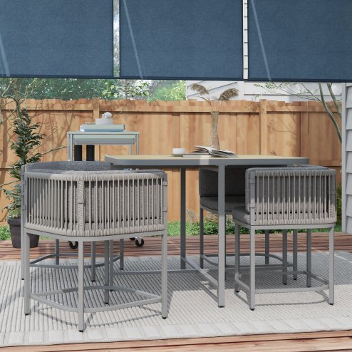Outsunny 4 Seater Rattan Cube Garden Furniture Set with Cushions, Square Garden Dining Set with Stone Composite Board Top Table, Wicker Outdoor Table and Chairs, Grey