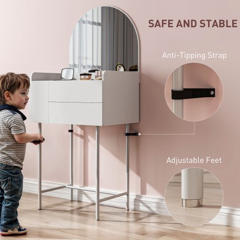 HOMCOM Dressing Table with Arched Mirror, Modern Makeup Desk with 3 Drawers, Small Vanity Table for Bedroom, Small Spaces, 60 x 42.5 x 131 cm, White