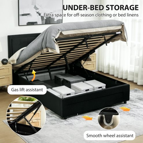 HOMCOM Double Ottoman Bed Frame, 4ft6 Gas Lift Storage Bed with 2-Level Adjustable Velvet Upholstered Headboard, Wheeled Drawer and Wooden Slats, No Mattress, Black