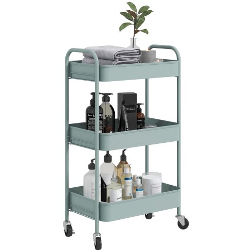 HOMCOM 3-tier Storage Trolley on Wheels, Metal Storage Cart, Rolling Ultility Cart with 3 Mesh Baskets for Living Room, Kitchen, Light Blue