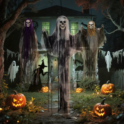 HOMCOM Life Size Hanging Skeleton Halloween Decorations, Set of 3 Scary Flying Ghost with Adjustable Arms for Haunted House, Garden, Party, 90/110/170cm