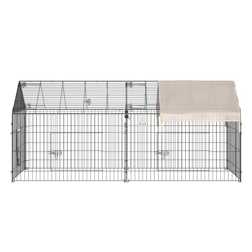 PawHut Rabbit Run Playpen, Guinea Pig Cage with Pitched Roof, Sun Protection Cover, 220 x 103 x 103 cm, Metal Enclosure for Small Animals, Chickens, Ferrets, Beige