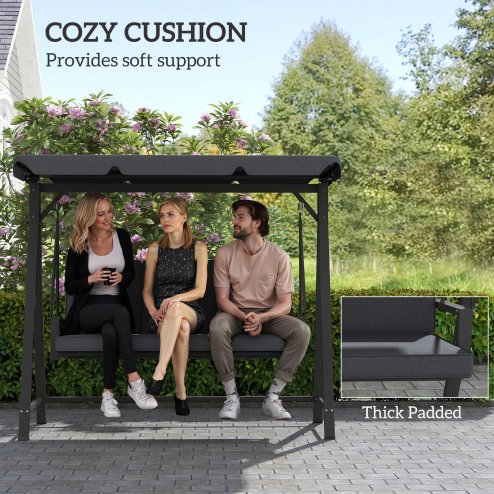 Outsunny 3 Seater Garden Swing Seat with UPF30+ Adjustable Canopy, Swing Chair with Cushion, Outdoor Hammock Bench for Balcony Patio, Dark Grey
