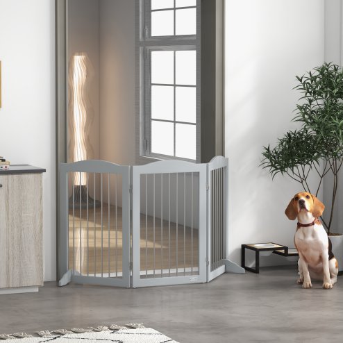 PawHut Foldable Dog Gate, Freestanding Pet Gate, Dog Barrier with Two Support Feet, for Doorways, Stairs, Halls - Grey