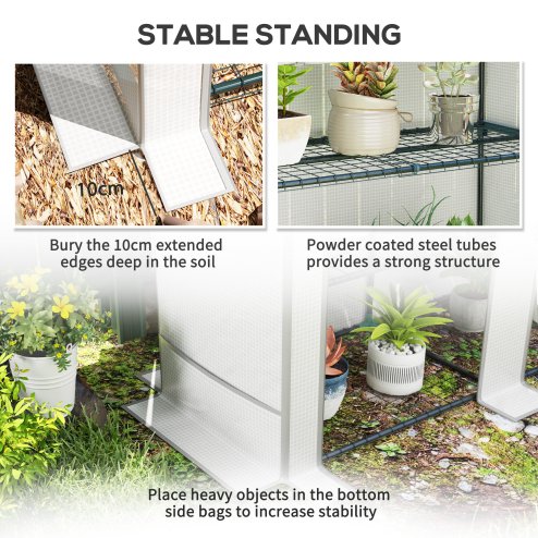 Outsunny 3 Tier Lean-to Mini Greenhouse with Reinforced PE Cover, Portable Small Greenhouse with Roll-Up Door, Grey Hemmed Edging, 144 x 48 x 152cm, White