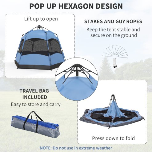 Outsunny Double Layer Instant Pop Up Tent with Rainfly, Hexagon 4 Man Dome Tent, Portable Camping Shelter with Sewn-in Groundsheet and Carry Bag, for Festival Backpacking Road Trips, Blue