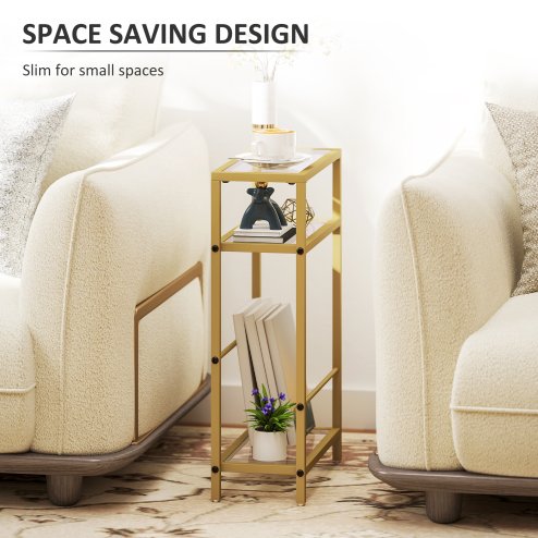 HOMCOM 3-Tier Side Table, Narrow End Table with Storage Shelf and Tempered Glass Tabletop for Small Spaces, Bedroom, Living Room, Entryway, Gold Tone
