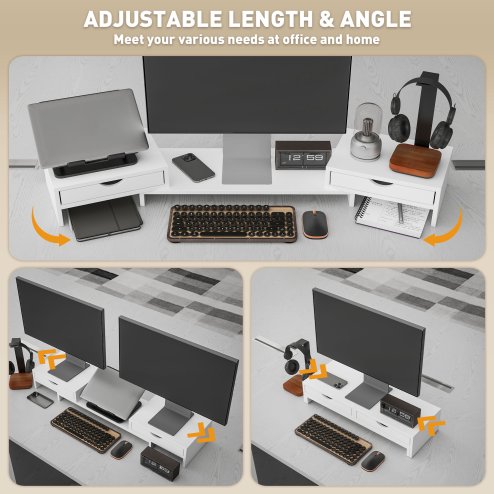 HOMCOM Dual Monitor Stand Riser with 2 Drawers, Adjustable Length and Angle, 116cm Monitor Riser for Laptop, Computer, PC, Small Printer, White