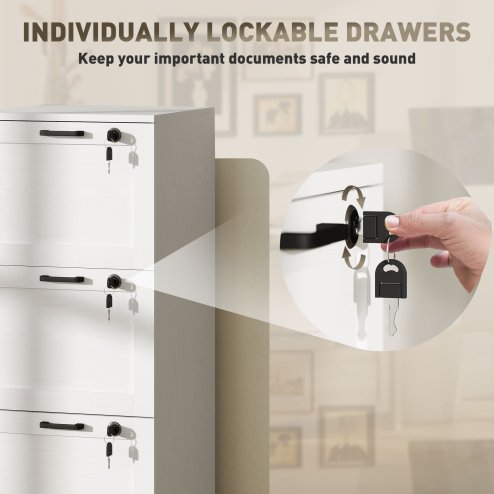 HOMCOM 3-Drawer Filing Cabinet, Lockable File Cabinet for A4, Letter, Office Storage Drawers with Lock for Home Office, 40 x 40 x 101 cm, White