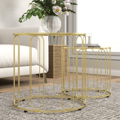 HOMCOM Round Coffee Table Set of 2, Glass Nest of Tables with Metal Frame and Tempered Glass Tabletop, Modern Side Tables for Living Room, Gold Tone