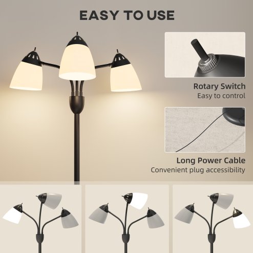 HOMCOM Arc Tree Floor Lamp with 3 Adjustable Rotating Lights and 3000K/4500K/6500K Colour Temperatures, Industrial Standing Lamp with Steel Frame for Bedroom Living Room, 155cm, Black