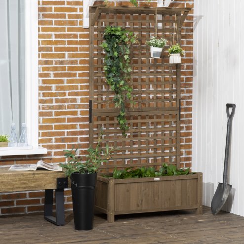 Outsunny Wood Planter with Trellis for Climbing Plants, Raised Bed, Planter Box with Drainage Holes to Grow Vegetables, Herbs and Flowers for Garden, Patio, Yard, Brown