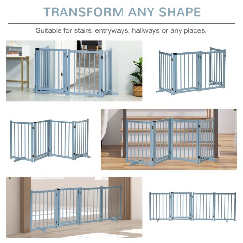 PawHut Wooden Dog Gate, Dog Fence Indoor, 80 cm Tall Freestanding Pet Gate for Small and Medium Dogs with 4 Panels, 2 Support Feet, Blue-Grey
