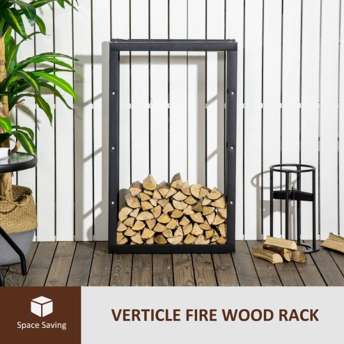 HOMCOM Metal Firewood Log Holder Tall Firewood Rack Indoor Outdoor Fireplace Wood Storage Shelf with Side Rails, Rust-Resistant, Black, 60W x 25D x 100H cm