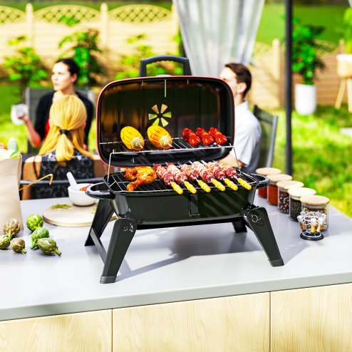 Outsunny Charcoal Barbecue Grill Folding BBQ Grill with 1232 cm? Cooking Area, Adjustable Vent, Thermometer, Handles for Camping Picnic, Red