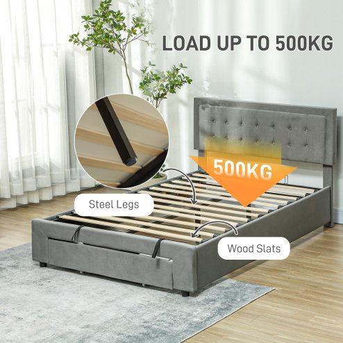 HOMCOM Double Ottoman Bed Frame with Hydraulic Lifting Storage, Wheeled Drawer, Adjustable Velvet Upholstered Headboard, Wooden Slats Mattress Foundation, No Box Spring Needed, Grey