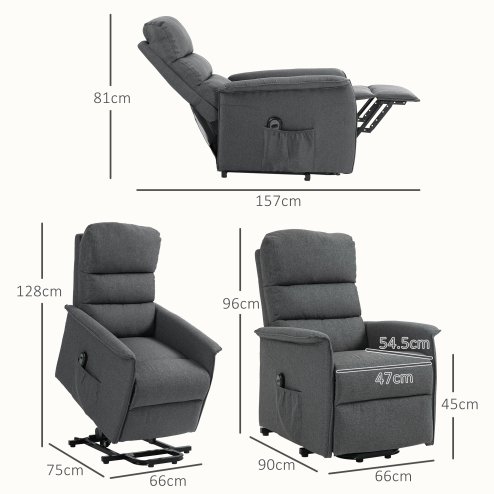 HOMCOM Power Lift Recliner Armchair, Electric Lift Chair for Elderly, Fabric Riser and Reclining Chair with Remote Control, Side Pockets, Extended Footrest, for Living Room, Dark Grey
