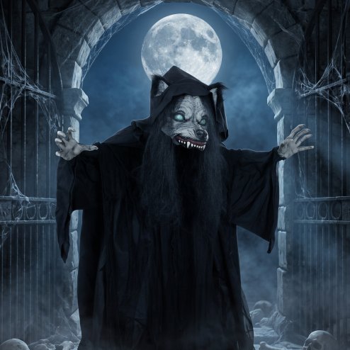 HOMCOM 170cm Life Size Animated Pop-Up Ghost with Werewolf Mask, Halloween Decorations Outdoor Indoor, Scary Halloween Animatronics Decor with Sound Touch Activated, Light Up Animated Prop