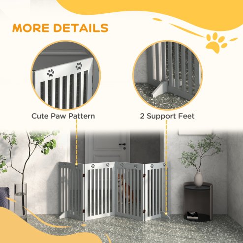 PawHut Freestanding Pet Gate 4 Panel Dog Barrier Folding Safety Fence with Support Feet up to 204cm Long 75cm Tall for Doorway Stairs, Grey
