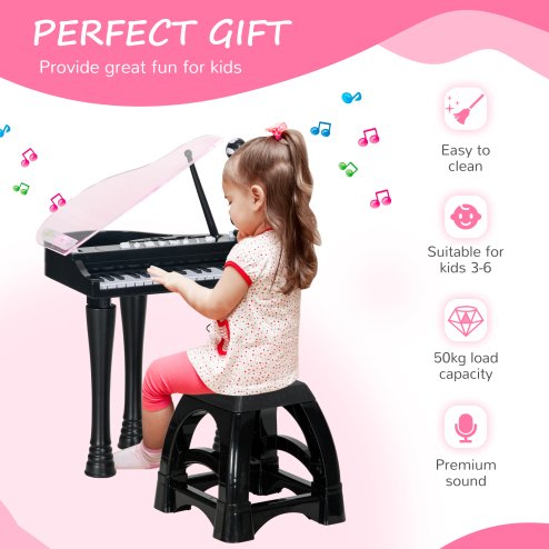 AIYAPLAY 32 Keys Kids Piano Keyboard with Stool, Lights, Microphone, Multiple Sounds, Removable Legs, Electronic Musical Instrument for Boys Girls, Black