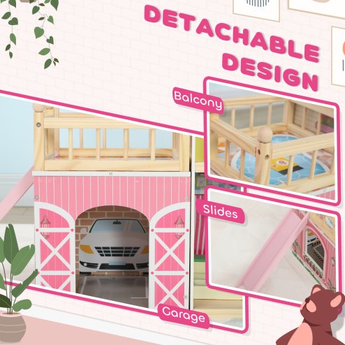 AIYAPLAY Dolls House with 13 Pieces Wooden Furniture and Accessories, 3 Levels Play Set with Detachable Balcony, Garage, Movable Slides, Gift for 3-6 Years