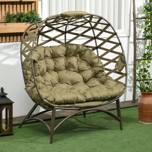 Outsunny Egg Chair Outdoor, 2 Seater Folding Weave Garden Furniture Chair with Cushion, Cup Pockets for Patio Balcony - Khaki