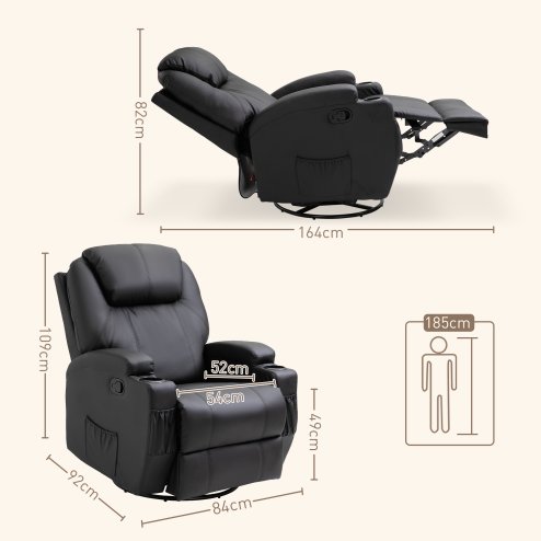 HOMCOM Recliner Chair, Recliner Massage Rocker Chair with 360° Rotate, 165° Reclining Function, Adjustable Footrest, Swivel Armchair Single Sofa for Living Room with Drink Holders, Side Pockets, Black