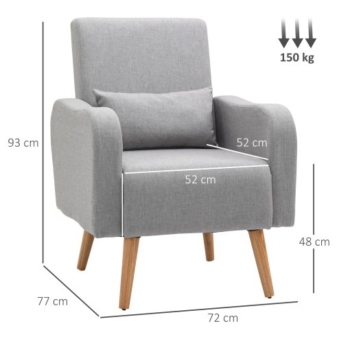 HOMCOM Accent Chair, Linen-Touch Armchair with Pillow, Upholstered Leisure Lounge Sofa for Living Room, Club Chair with Rubber Wooden Frame