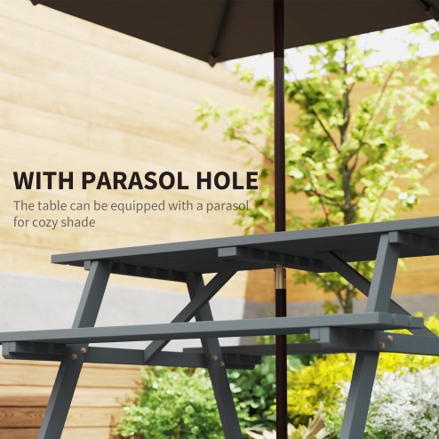Outsunny 6 Seater Wooden Picnic Table Bench for Outdoor Garden or Patio with Parasol Cutout 150 cm Grey
