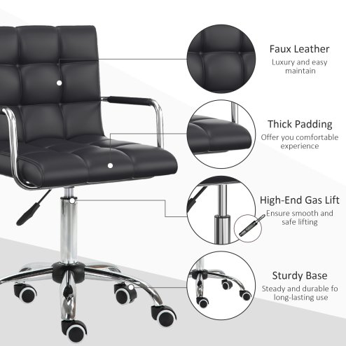 Vinsetto Office Chair, Makeup Vanity Chair, Mid Back Computer Chair, PU Leather Swivel Study Chair with Adjustable Height, Armrest and Rolling Wheels