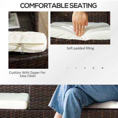 Outsunny 2 Seat Rattan Garden Bench, Patio Wicker Chair with Glass Tea Table, Outdoor Love Seat with Padded Cushions, for Garden, Porch, Brown/Cream White