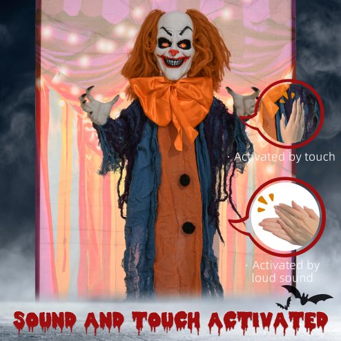 HOMCOM 168 cm Life Size Halloween Animated Standing Circus Clown with Red Light Up Eyes, Sound Activated Moving Arms & Body, Scary Clown Halloween Decorations, Battery Operated, Indoor Party Props