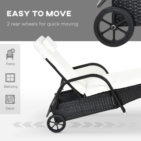 Outsunny 3 Pieces PE Rattan Patio Lounge Chair Set, Outdoor Recliner Lounge Chairs with Wheels, for Outside with Cushions, Headrest, Coffee Table for Garden, Poolside, Black