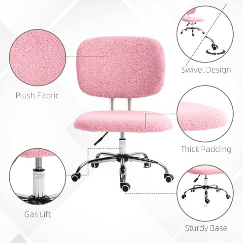 Vinsetto Cute Armless Office Chair, Teddy Fleece Fabric Computer Desk Chair, Vanity Task Chair with Adjustable Height, Swivel Wheels, Mid Back, Pink