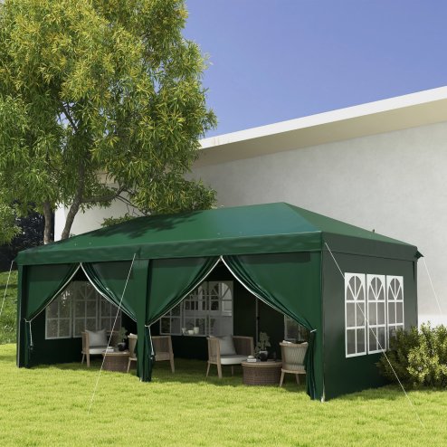 Outsunny 3 x 6 m Pop Up Gazebo with Sides and Windows, Height Adjustable Wedding Camping Party Tent Canopy Marquee with Storage Bag for Garden, Event, Green