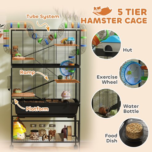 PawHut Hamster Cage, 5 Tier Large Gerbil Cage on Wheels with 17 cm Deep Tray, Storage Shelf, Big Exercise Wheel, Tube System, Hut, Platforms, Ramps, Food Dish, Water Bottle, for Syrian Hamsters, Rats
