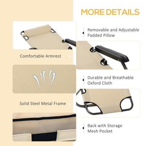 Outsunny 2 in 1 Folding Sun Lounger Reclining Garden Chair with 2-Level Adjustable Backrest, Outdoor Zero Gravity Recliner Garden Chair with Head Pillow and Armrests, Beige