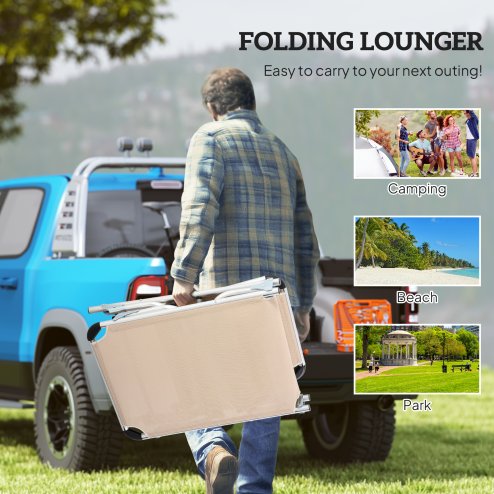Outsunny Foldable Outdoor Sun Lounger, Reclining Lounge Chair Camping Bed Cot with Pillow 4-Level Adjustable Back Aluminium Frame, Khaki