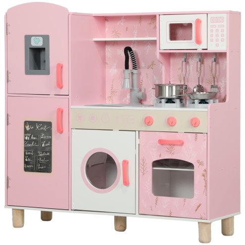 AIYAPLAY Toy Kitchen, Pretend Role Play Kitchen, Kids Kitchen Set with Lights and Sounds, Double Stoves, Ice Maker, Chalkboard, Microwave, Oven, Sink, 5 Accessories, for 3+ Years, Pink