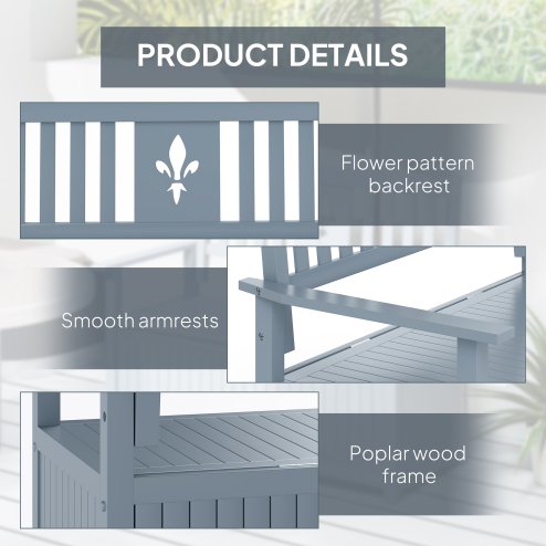 Outsunny 2 Seater Garden Storage Bench, 164L Outdoor Storage Box with Backrest Flower Pattern, Wooden Garden Bench with Armrests, 125 x 68.5 x 97cm, Grey